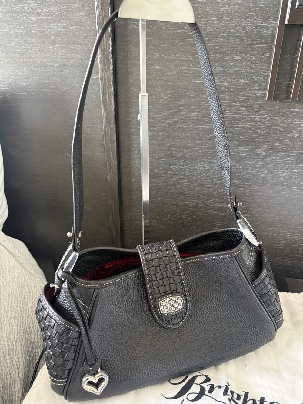 Brighton Pebbled Black Leather Handbag Purse with Basket Weave Trim EUC W Charm